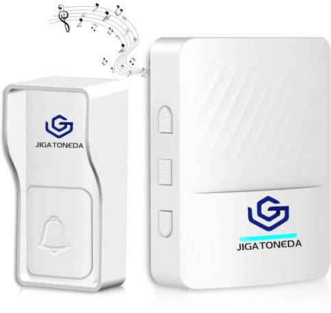 JIGATONEDA Sonnette Sans Fil Auto-alimentée, 300M IP65 Étanche Kit de Carillon Electronique, Kit de Carillon avec Lumière LED, Mode Muet, 50 Mélodies et 5 Niveaux Volume pour Maison, Bureau, Hôtel