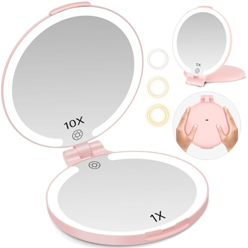 FUNTOUCH Travel Mirror with Light, 10X 1X Double Sided Magnification Rechargeable Mirror for Women Girls with 3 Color Setting Adjustable Rotation LED Vanity, Pink