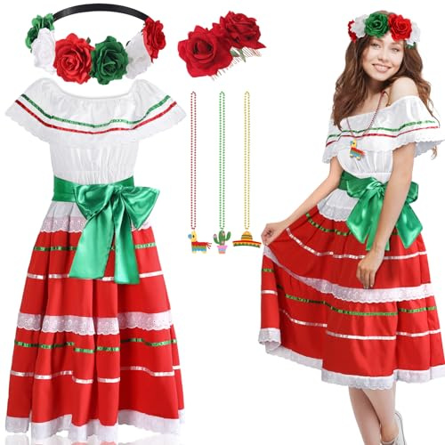 Halfchet 6 Pcs Mexicanos Traditional Dress Women Folklorico Vestidos Outfit Mexican Skirt Carnival Halloween Costume(Medium)
