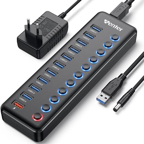 HUB USB 3.0 alimentato esterno, WENTER Multiporta USB 11 in 1, 10 porte hub USB 3.0 e 1 porte di ricarica rapida Indicatore Ladron USB Hub USB LED e interruttore attivo con adattatore di Corrien