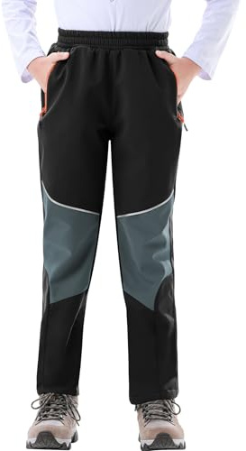 Zoofly Pantaloni Sci Bambino Pantaloni Impermeabili Ragazzo, Pantaloni Inverni Neve Softshell Pantaloni da Escursionismo per Bambini con Fodera, Nero/Grigio 146-152