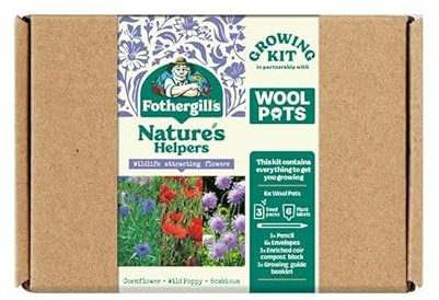 Fothergill’s Nature's Helpers Growing Kit: Poppy, Cornflower, Scabious Wild Seeds, 6 Biodegradable Wool Pots, 6 Plant Labels, Seed Compost, Growing Guide. Gift for Gardeners