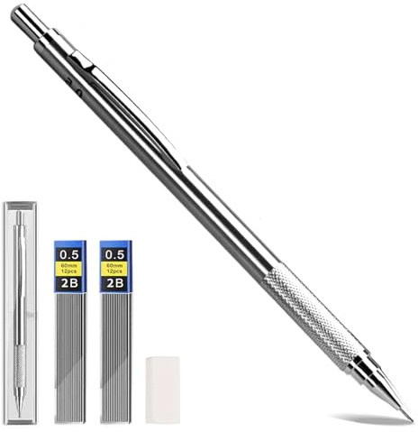 0,5 mm mekaniska blyertspennor i metall med 8 stift 2B och 4 suddgummi, perfekt för att skriva, rita och skissera
