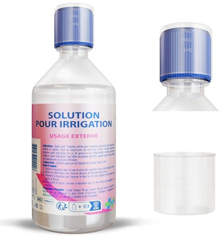 NaCl 0.9% 500ml, Isotonic Physiological Saline Solution Sterile – Baby Nose, Eye & Wound Cleansing – with Sterile Pouring Spout & 20 ml Measuring Cup Included
