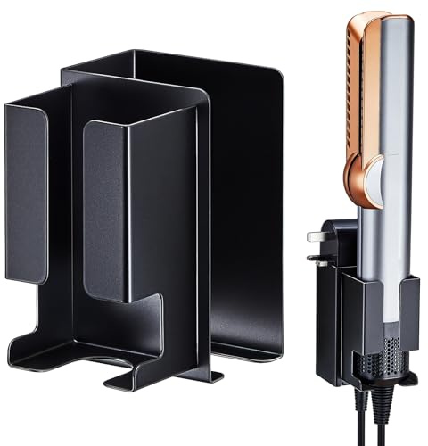XILIMOR Soporte Secador De Pelo y Plancha Pared, Soporte Plancha Pelo Sin Taladro Con Almacenamiento Para Enchufes, Colgador Secador y Plancha Autoadhesivo, Para Barberías, Hoteles, Baños (Negro)