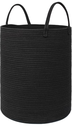 MEGASKET Black Woven Laundry Basket, 15x18 Tall Basket for Blankets, Wicker Hamper for Bedroom Aesthetic, Decorative Storage Hamper for Clothes, Towel, Rope Storage Bin for Living Room, Bathroom