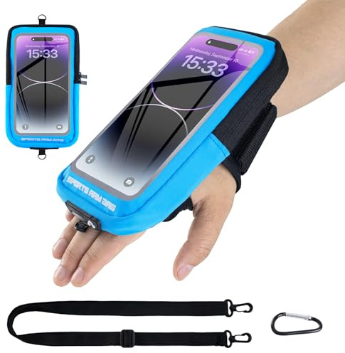 Brassard Sport 4-en-1 Porte Smartphone pour Bras Pochette de Ceinture avec Mousqueton pour iPhone 16/15/14 Pro Max Samsung Galaxy 6.8 Pouces Idéal pour Jogging Course à Pied Randonnée (Bleu)
