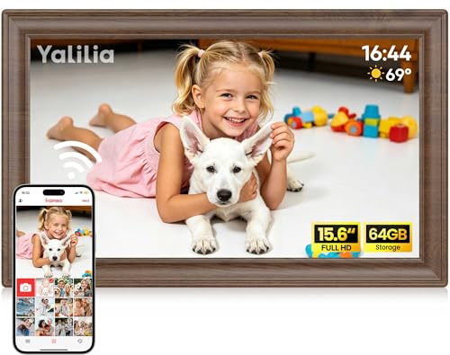 FRAMEO Marco de fotos digital de 15,6 pulgadas, grano de madera de 64 GB, FHD 1920 x 1080P, pantalla táctil IPS, marco de fotos digital, rotación automática, marco de fotos electrónico, compartir