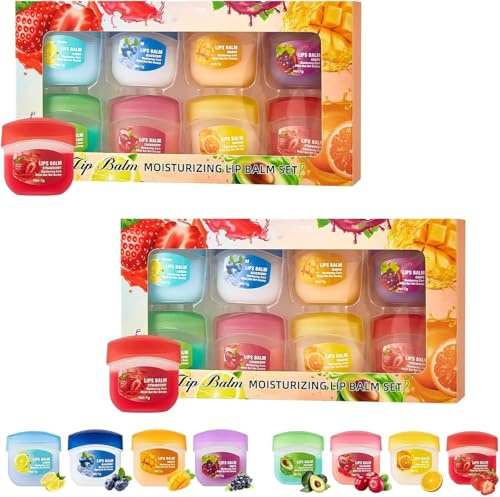 Set de 8 productos para el cuidado de los labios con sabor a fruta, mini bálsamos labiales 4 en 1, brillo labial incoloro con sabor, mascarillas labiales hidratantes y nutritivas de larga duración