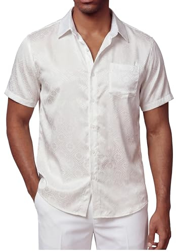 FEOYA Chemise boutonnée en satin de soie pour homme - Manches courtes - Luxe - Loisirs - Motif floral - Décontracté - Solide et d'été