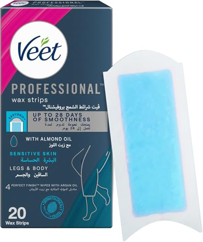 Veet Easy-Gel Cold Wax Strips Sensitive Skin Hair Removal Body & Legs, 20 Strips + 4 Finish Wipes, Gentle Effective Shaving Foam Alternative