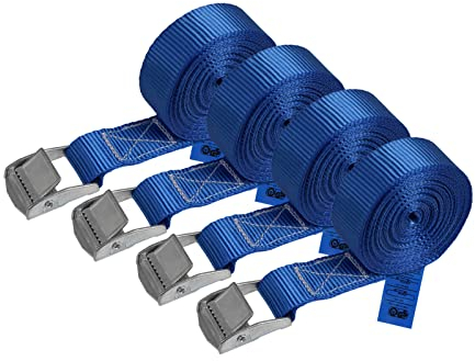 Zurrgurt Spanngurt belastbar bis 250 kg DIN EN 12195-2 Befestigungsgurt Klemmverschluss Befestigungsriemen blau verschiedene Längen Stückzahlen, 4er Pack 2.5 cm x 4 m