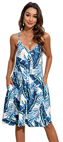 Enmain Robe Femmes D'été Casual Florale Bretelles Spaghetti Ajustables été sans Manches de Plage pour Femme Col en V avec Poches