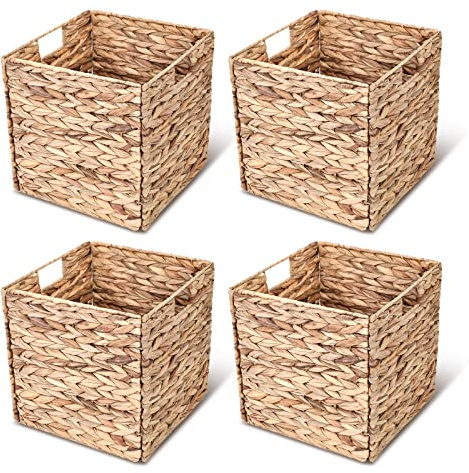 4PCS Natural Woven Hyacinth Storage Baskets Bin with Iron Wire Frame, Wicker Cubes Baskets Set，Multipurpose Collapsible Storage Organizer, Handwoven Laundry Totes for Bedroom, Living Room, Bathroom