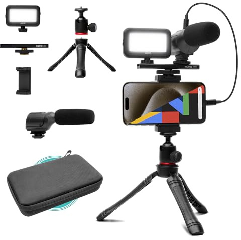 Movo uVlogger - Kit de Vlogging Compatible Android/USB-C/iPhone 15 : Trépied pour téléphone, Support de téléphone, Lumière LED, Microphone Shotgun - Kit de démarrage Youtube et créateur de Contenu