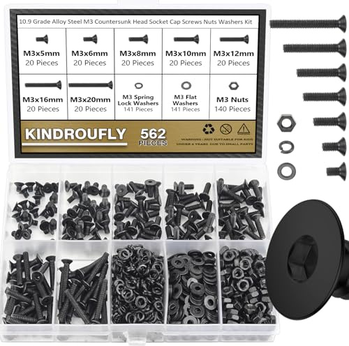 Kindroufly 562 Pieces Black M3 x 5/6 /8/10 /12/16 /20mm Countersunk Head Socket Cap Screws Nuts Washers Assortment Kit, 10.9 Grade Alloy Steel