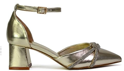 Womens Wedding Shoes Block Low Heel Ladies Ankle Strap Pointed Toe Sparkly Diamante Trim Gold Bridal Evening Party Court Shoes 6