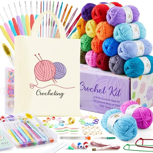 INSCRAFT Crochet Yarns Kit for Beginners Adults, 18 Acrylic Yarns Set for Crocheting, 1800 Yards Knitting Yarn Bag Kit, 105 Crochet Accessories Set Including Ergonomic Hooks, Knitting Needles