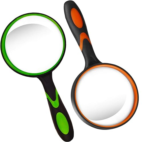 Lot de 2 grosses loupes 80 mm, loupe à main, 10 loupes en verre véritable, pour enfants âgés, tige souple, pour lecture de livres, observation d'insectes et de loisirs, études d'enseignement (vert et