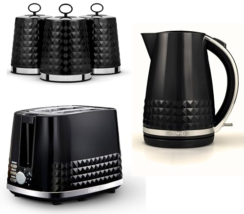 Tower Solitaire Black 1.5L 3KW Jug Kettle, 2 Slice Toaster & Canisters. Matching Modern Stainless Steel Design Kitchen Set of 5 Coated in a Sleek Black Colour