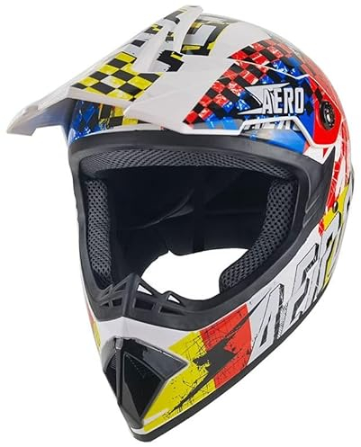 Kinder Crosshelm Skeleton AHP – Motorradhelm für Kinder, ABS-Schale, robuster Kinderhelm für Downhill, Quad und Motocross, Weiß bunt, Größe M, 55 – 56 cm