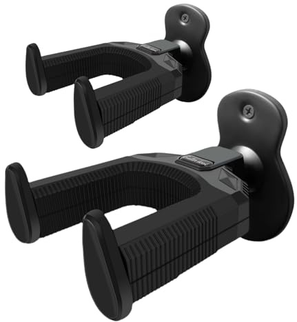 Gosizos Guitar Wall Mount Hanger, Automatic Locking Walnut Wood or Metal Guitar Hook Holder for Electric, Acoustic, Bass, Banjo and Mandolin, Guitar Instruments Accessories (Metal - 2pcs)