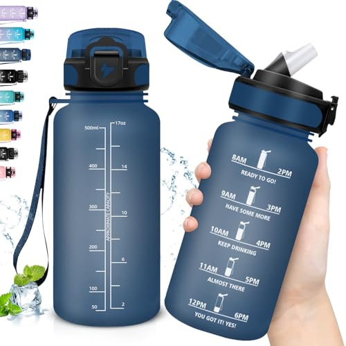 Grsta Borraccia Bambini, Facile da Trasportare, Borraccia 0,5 Litri con Scala Temporale, Bottiglia con Cannuccia Senza Perdite, Motivazionale, per Scuole, Campeggi, Uffici