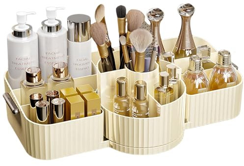 Organizer Trucchi di Grande Capacità, Porta Trucchi Organizer Rotante con Scomparti 2 in 1, Porta Pennelli Make up Rotante a 360°, Organizzatore Trucchi Ideale per Comò, Scrivania e Bagno