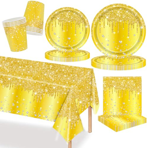 MORAINJAY Set di stoviglie in oro da 69 pezzi, piatti di carta, tovaglia, bicchieri, tovaglioli, per feste di compleanno, matrimoni, anniversari, feste per le vacanze, stoviglie per feste, decorazione