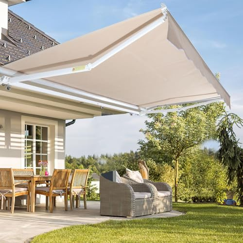 Fiqops Auvent manuel à bras articulé 300 x 250 cm - Auvent de protection solaire avec manivelle, anti-UV et imperméable, en aluminium/polyester pour balcon, terrasse, jardin, Beige