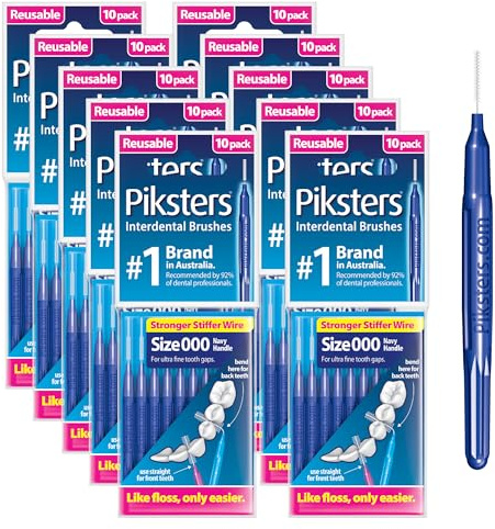 Piksters Interdental Brushes, Size 000, 100 Count (10 x 10 Packs), Interdental Tooth Brush for Extremely Tight and Fine Gaps, Gum Soft Bristles for Plaque Removal, Safe for Braces (100pk)