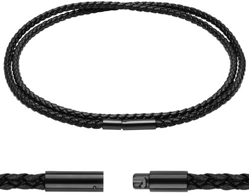 Luxeu Collana Intrecciata in Pelle, 2mm Collana Cuoio, Catena di Cuoio Nero, Pelle Catenina con Chiusura, con Portagioie e Sacchetto in PVC, per Donna e Uomo (Lunga 60cm)