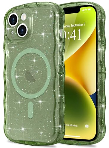 Pepmune Magnetic for iPhone 14/13 Case Clear, Sparkly Bling Glitter Cute Curly Wave Transparent Cover for Women Men Compatible with MagSafe Shockproof Protective Phone Case for iPhone 13/14, Green