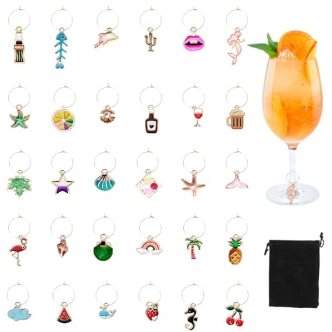 ORUZA 30 Stück Weinglas Anhänger Charms, Identifikation Getränke Markierungen, Glasmarkierer Glasmarkierung, Thema Trinken Marker Tags Party Decorations für Wein Glas Champagner Glas Marker