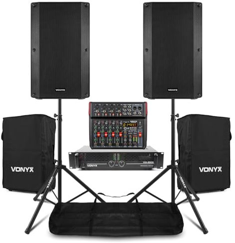 VONYX Complete Passive PA System - 2x VSA15P 15 2000W Speakers, VXA-2000 MKII Amplifier, VM-KG08 Mixer, Tripod Stands & Speaker Covers - Ideal for Live Events, DJs & Venues