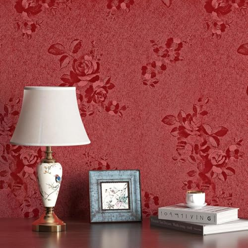 FunStick Carta da Parati Adesiva Muro Floreale Vintage Rotolo Carte Adesiva per Mobili Rosso Scuro Pellicola Autoadesiva Fiori Vittoriano Testurizzata Carta da Parati Salotto Floreale Rosso 40CMX2M