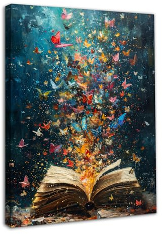 Dazzlewall Encadré Papillon Coloré Livre Art Mural, Affiche de Bibliothèque Esthétique Vintage pour Salle de Lecture Salon Décor 12x16 in