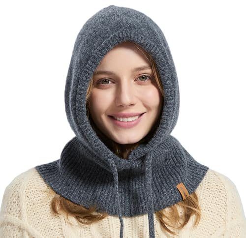 ACUSHLA 100% Merino Wool Balaclava for Women & Men Winter Warm Knit Hooded Scarf Hoodie Hat and Scarf Set in One, Dark Grey