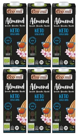 Ecomil - Bebida Vegetal de Almendras, Pack 6 x 1 Litro, Fruto Seco Ecológico, Sin Gluten, Sin Azúcares Añadidos, Apta para Dietas Keto y Veganas