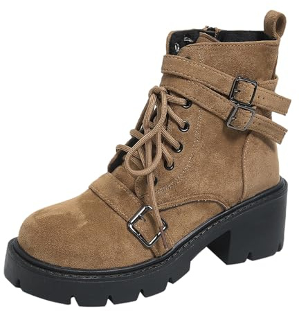 Botines de mujer de ante plataforma, punta redonda, retro, botas cortas con cordones, hebilla con cremallera, suela gruesa, antideslizante, ligeros, zapatos para mujer, otoño e invierno, marrón, 39 EU