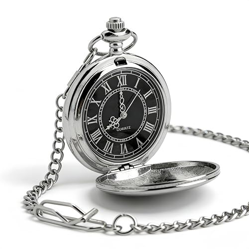 BAOMUMAYE Oversized Flip-Lid Pocket Watch for Men - Large Face Vintage Silver Pocket Watch with Black Dial, Roman Numerals & Curb Chain -Gift Ready for Birthday, Anniversary (Silver, 1 Pc)