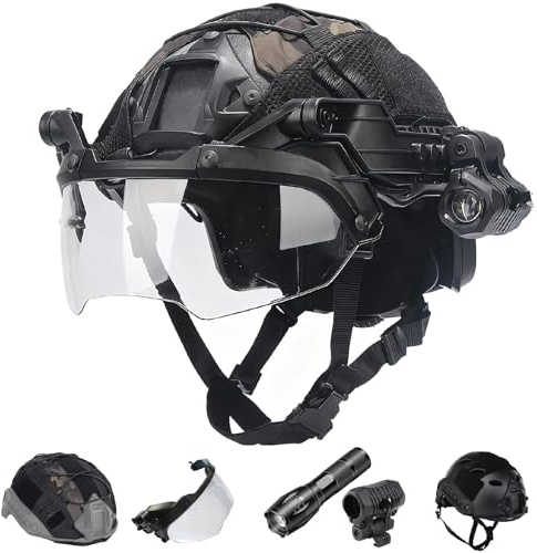 Casco táctico Fast: protección Completa con Visera,Cubierta del Casco y Linterna para Entrenamiento táctico.
