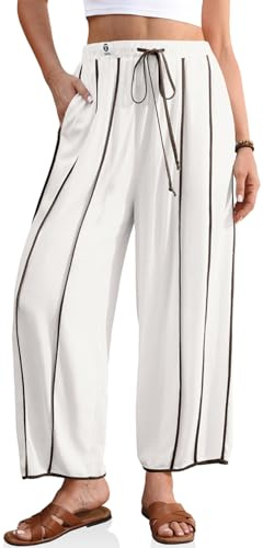 TARSE Womens Linen Harem Pants Loose Casual Wide Leg Summer Boho Beach Travel Vacation Palazzo Pants with Pockets(WhiteDarkCoffeeStriped,M)
