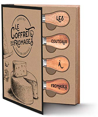 Set regalo per formaggi – Piatto rotondo in bambù + 4 coltelli da formaggio (acciaio inox e manico in legno) – Scatola regalo di lusso (a forma di libro) – Per piatto formaggio aperitivo e serata