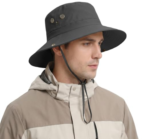 lifwimner Chapeau de Soleil Homme Femme Large Bord, Chapeau de Pêche Pliable Imperméable Respirant avec Maille et Mentonnière pour Randonnée, Pêche, Camping, Jardinage Voyage