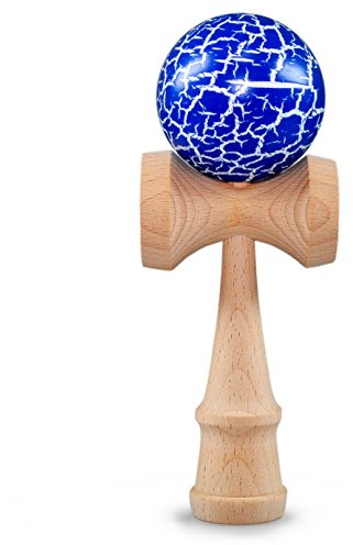 Ganzoo Kendama in Vero Legno di faggio Modello Blue Flash, Gioco di abilità Tradizionale Giapponese con Sfera Forata 6 cm, Cordino Resistente e 3 Coppe, Altezza 16 cm