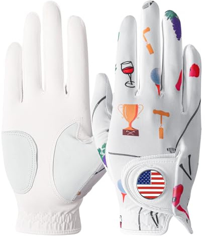 Women's Golf Gloves Left Right Hand with Ball Marker Rain Grip Leather Pack, Ladies Golf Glove All Weather Breathable Soft Size Small Medium Large XL (Wine&Golf, Small-Worn on Right Hand)