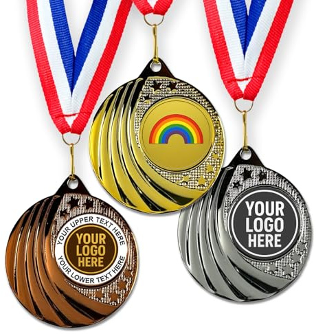 Trophy Monster Pack of 10x Metal 50mm Rainbow Vortex Medals & Ribbons Standard emblem or your logo FREE | Personalised | Bulk Pack Quantity Deals 50,100,250 or 500 | Gold, silver or bronze