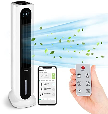 KLARSTEIN Polar Tower Smart Climatizador Evaporativo – 4 en 1: Ventilador, Humidificador & Purificador, Control App & Alexa, Depósito 7L, 3.306 m³/h, Modo Noche, Portátil con Ruedas, Blanco