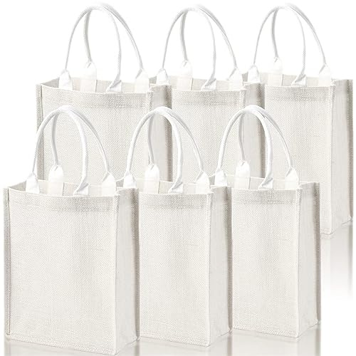 DEAYOU 6 Pack Jute Burlap Tote Bag, Burlap Gift Bag with Handle, Jute Beach Tote Laminated Interior, Reusable Lined Grocery Shopping Bag for Bridesmaid, DIY, Wedding, 9.8''x11.8''x3.9'', White
